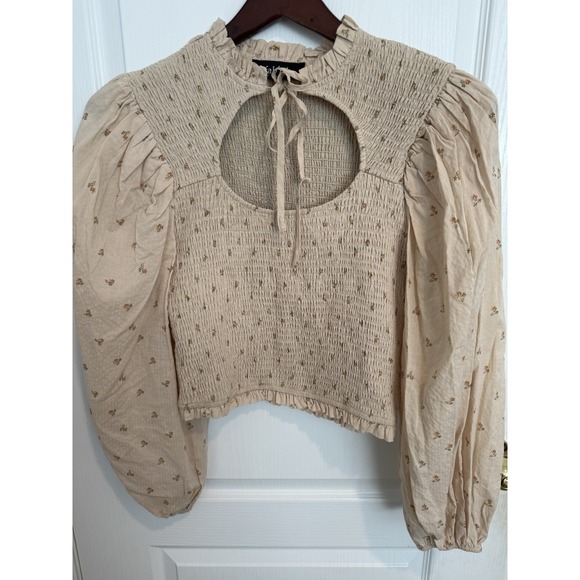 Fab'rik Smocked Floral Top Cream Puff Sleeves Ivory Beige Size L - Picture 2 of 8